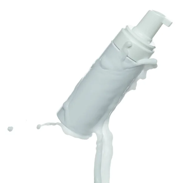 Cosmetische Container Witte Lotion Druppelvorm Vorm Vliegen Spatten Milk Lotion — Stockfoto