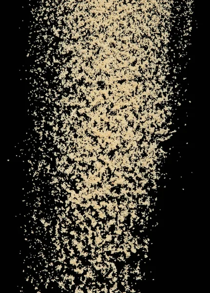 褐糖飞弹 褐糖飞弹抽象云雾 美丽完整的甘蔗种子飞溅在空气中 食物物体的设计 选择性聚焦冻结射击黑色背景隔离 — 图库照片