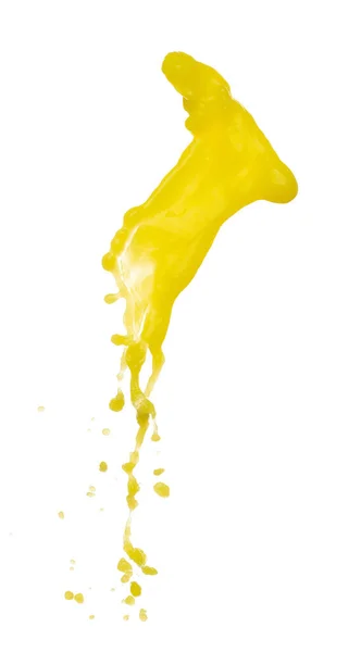 黄色液体飞溅 色素玉米香蕉汁新鲜飘洒在半空中 黄色油漆飞溅滴抽象 白色背景隔离高速快门窗 抛掷冻结停止 — 图库照片