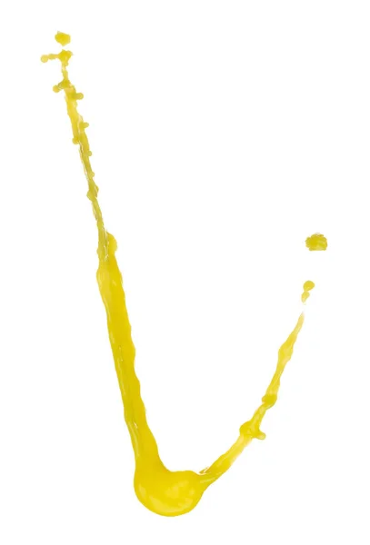 黄色液体飞溅 色素玉米香蕉汁新鲜飘洒在半空中 黄色油漆飞溅滴抽象 白色背景隔离高速快门窗 抛掷冻结停止 — 图库照片