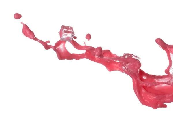 番茄红莓汁倒入冰块 番茄红汁波落在空气中 红酒色的爆炸带着冰滴 白色背景隔离高速快门窗 冻结运动 — 图库照片