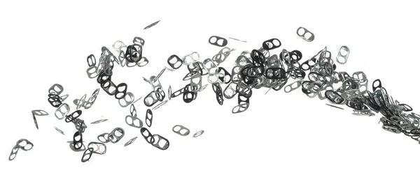 盖子可以在半空中飞行 铝罐盖可以散落 从垃圾回收可以盖爆炸漂浮 白色背景隔离冷冻运动高速快门窗 — 图库照片