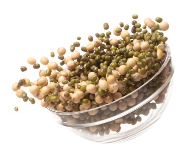 Mix green mung soy beans fall down explosion, several kind bean float explode in glass bowl. Dried soybean green mung mixed beans splash throwing in Air. White background Isolated high speed shutter