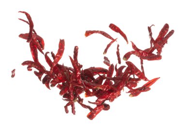 Dried Red hot Chilli fall down explosion, dried Red Chilli float explode, abstract cloud fly. Dried Red hot Chillis splash throwing in Air. White background Isolated high speed shutter, freeze motion