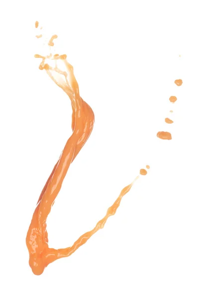 オレンジジュースは形のラインに注ぐ 空気中のオレンジジューシーななびく爆発 爆発液滴のような液体の水スプラッシュ流出 白い背景が隔離された静止画 — ストック写真