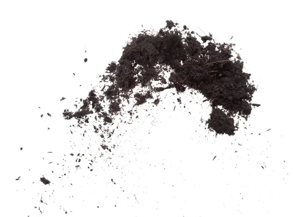 ブラック肥料土壌は 庭の農業のための根を持つ良い有機土壌を植える準備ができて 土壌の細部はほこり汚れと空気中で飛ぶスローされます 白の背景に高速フリーズショット絶縁 — ストック写真