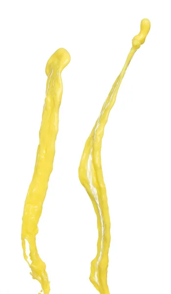 バナナジュースを飛んで秋には 黄色のバナナのみじん切りスライスジュース波爆発する 空気中の黄色の塗料の色スプラッシュ投げ 白の背景分離された高速シャッター 凍結停止運動を投げる — ストック写真