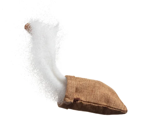 Καθαρή Ραφιναρισμένη Ζάχαρη Σακούλα Που Πετάει Έκρηξη Λευκή Κρυσταλλική Ζάχαρη — Φωτογραφία Αρχείου