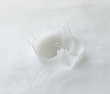Kozmetik kabı beyaz losyon damlası su sıçratıyor. Süt losyonu kozmetik şişesine dökülür. Nemlendirici losyon sızıntısı. Beyaz arkaplan izole edilmiş yüksek hız deklanşörü üst görünümü dondur