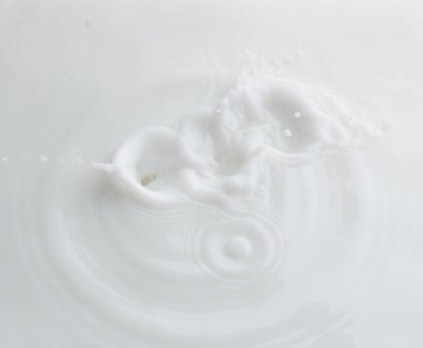 Kozmetik kabı beyaz losyon damlası su sıçratıyor. Süt losyonu kozmetik şişesine dökülür. Nemlendirici losyon sızıntısı. Beyaz arkaplan izole edilmiş yüksek hız deklanşörü üst görünümü dondur