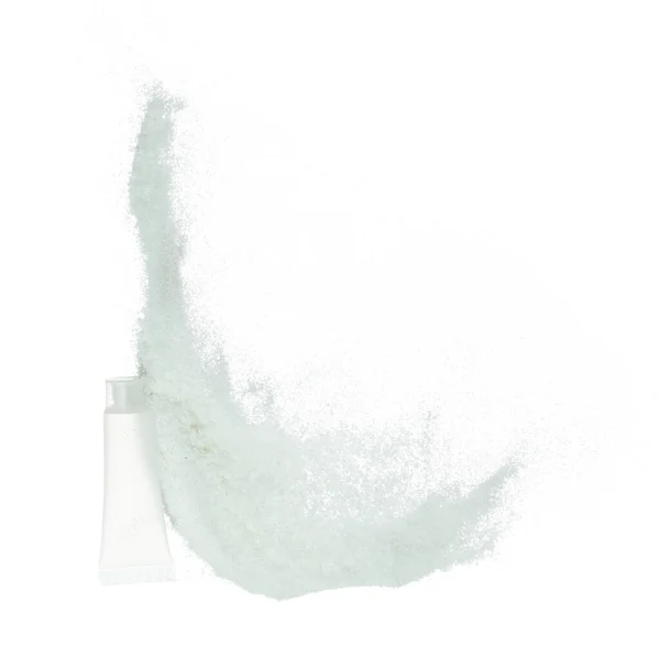Cosmetische Container Witte Fles Vliegen Spatten Wit Zand Buis Transparant — Stockfoto