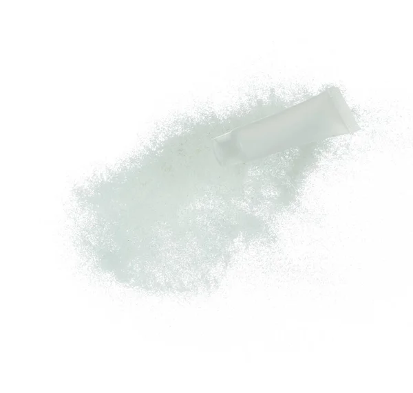Kosmetisk Behållare Vit Flaska Flyga Stänk Vit Sand Rör Transparent — Stockfoto