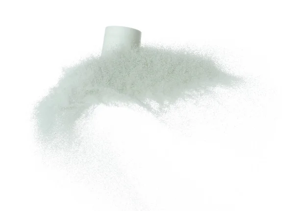 Kosmetický Kontejner Bílá Láhev Moucha Stříkající Bílý Písek Průhledný Pískový — Stock fotografie