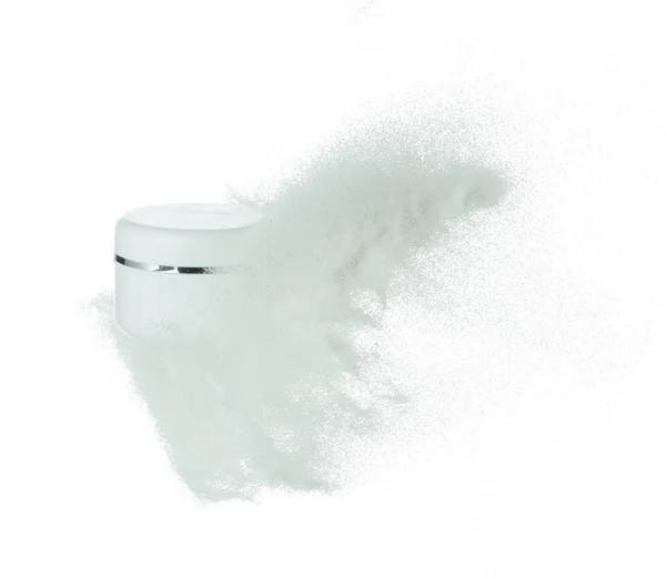 Kozmetik Kabı Beyaz Kumda Uçan Sinek Havada Şeffaf Kum Tozu — Stok fotoğraf