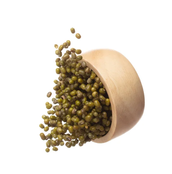 Green Mung Beans Fly Throw Wooden Bowl Green Mung Bean — Stock Photo, Image