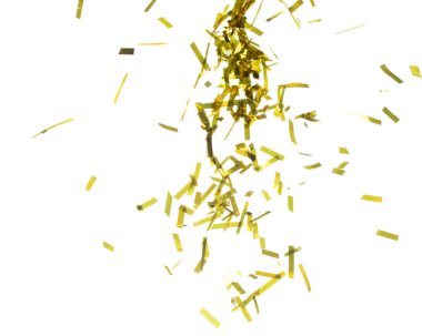 Altın Konfeti folyosu havaya sıçrıyor. Altın Confetti Foil patlaması, soyut bulut sineği. Birçok Parti simleri birçok grupta dağılır. Beyaz arkaplan yüksek hız deklanşör donması izole