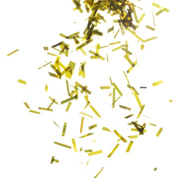 Altın Konfeti folyosu havaya sıçrıyor. Altın Confetti Foil patlaması, soyut bulut sineği. Birçok Parti simleri birçok grupta dağılır. Beyaz arkaplan yüksek hız deklanşör donması izole