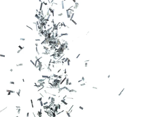 stock image Silver Confetti Foil fall splashing in air. Silver Confetti Foil explosion flying, abstract cloud fly. Many Party glitter scatter in many group. White background isolated high speed shutter freeze motion