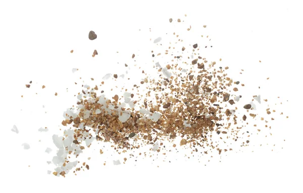 塩ミックス砂爆発飛んで 大きな白い塩の花抽象的な雲のフライ爆発 空気中の砂塩岩スプラッシュ 調味料の要素のデザイン 白地分離高速凍結運動 — ストック写真