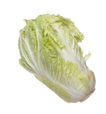 Chinese Cabbage fly in mid air, green fresh vegetable chinese cabbage falling. Organic fresh vegetable with eaten leaf of chinese cabbage, close up texture. White background isolated freeze motion