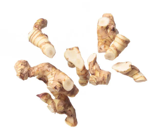 Galangal Fly Mid Air Fresh Vegetable Spice Galangal Falling Organic — Stock Photo, Image