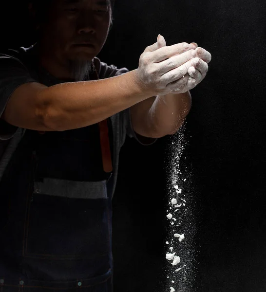 Chef Prepare White Flour Dust Cooking Bakery Food Elderly Man — Stock Photo, Image