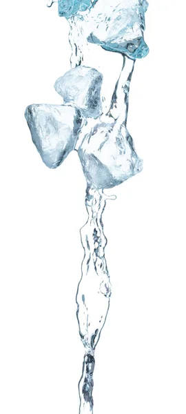 氷のキューブ爆発飛行 透明な氷の波 空気中に落ちる浮動小数点 アイスブリックブロックキューブは 冷凍水健康喉の渇きです 白の背景隔離された高速シャッター 凍結停止運動 — ストック写真
