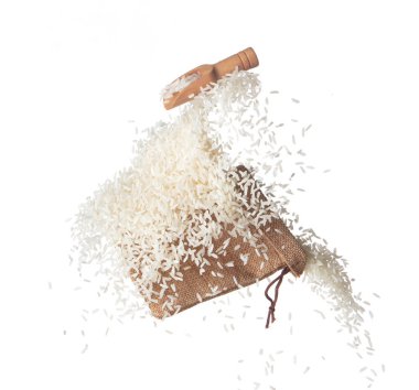 Japanese Rice in sack bag flying explosion, white grain rices fall abstract fly. Beautiful complete seed rice bag splash in air, food object design. White background isolated, high speed freeze motion