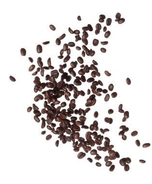 Coffee bean fly explosion, Coffee seeds float explode, abstract cloud fly. Coffee beans splash throwing in Air. White background Isolated high speed shutter, freeze motion