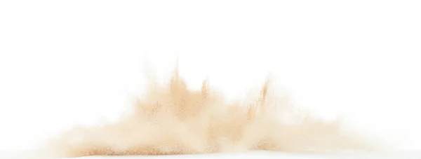 细粒小沙粒爆炸 金粒波爆炸 抽象云雾飞行 黄色的沙子飞溅在空气中 白色背景隔离高速快门窗 抛掷冻结停止 — 图库照片
