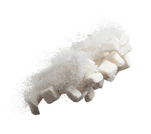 Pure Refined Sugar Cube Flying Explosion White Crystal Sugar Abstract — Stock Photo, Image