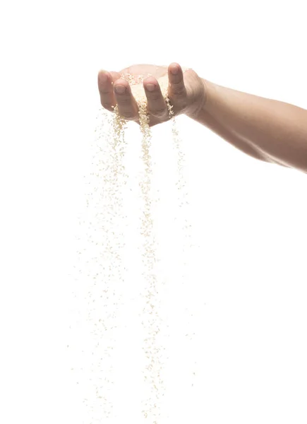 White Sesame Pouring Hand Fingers White Sesame Grain Wave Floating — 스톡 사진