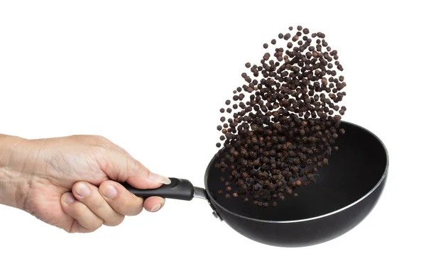 Black Pepper Seeds Fly Throw Pan Black Pepper Float Explode — стоковое фото
