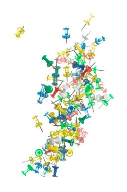 Havada süzülen çeşitli renklerdeki iğneleri itin. Bir çok grup renk iğnesi ofis okulu durağanı olarak kullanılıyor. Soyut itme pimi patlaması. Beyaz arkaplan yüksek hız deklanşör dondurma hareketini izole etti