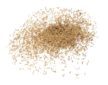 Paddy Rice tahılları havada uçuşuyor. Sarı altın çeltik pilavı dökülüyor, patlama şekil grubunda yüzüyor. Beyaz arkaplan izole edilmiş yüksek hız deklanşörü