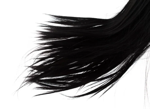 ロングストレートウィッグヘアスタイルは 秋の爆発を飛ぶ 黒の女性のウィッグ波の髪は空中に浮かんでいます ストレート黒カールウィッグ髪風吹き雲スローします 白地分離高速凍結運動 — ストック写真