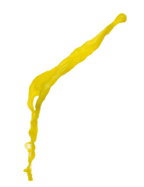 黄色の液体爆発飛んで 顔料トウモロコシのバナナジュース新鮮なフロート空中に注ぐ 黄色の塗料の色スプラッシュドロップ抽象的な流出 白の背景隔離された高速シャッター 凍結停止を投げる — ストック写真