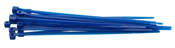 Plastic Cable tie in blue to hold cable together or wrap around things for electrician, maintenance, repair man. Close up Plastic Cable tie small size, white background isolated