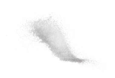 Pure Refined Sugar flying explosion, white crystal sugar abstract cloud fly. Pure refined sugar splash stop in air, food object design. white background isolated high speed freeze motion