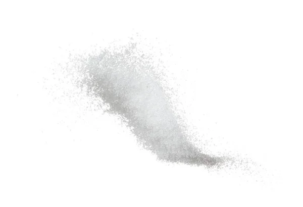 纯精糖飞爆炸 白色水晶糖飞抽象云彩 纯精炼糖飞溅停在空气中 食物物体的设计 白色背景隔离高速冻结运动 — 图库照片