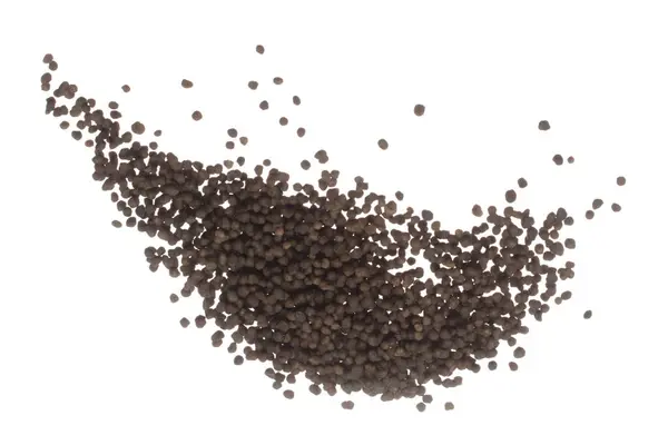 肥料茶色の化学は成長を加速させるハエの秋の爆発 空中で浮遊投げを植えるための多くの小さなボール肥料 白地分離高速凍結運動 — ストック写真