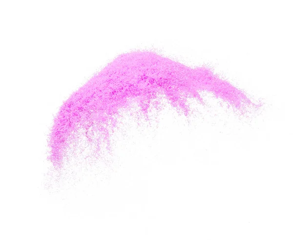 小さなサイズの紫色の砂の飛行爆発 紫色の砂粒波爆発 抽象的な雲が飛ぶ 紫色の砂のスプラッシュ空気中で投げます 白の背景隔離された高速シャッター 凍結を投げる — ストック写真