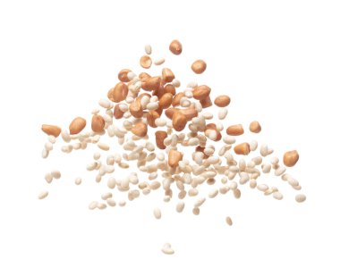 Mix white peanut beans fall down explosion, several kind bean float explode, abstract cloud fly. Dried white peanut mixed beans splash throwing in Air. White background Isolated high speed shutter