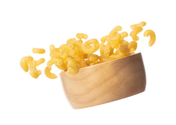 Macaroni Fall Wooden Bowl Yellow Macaronis Pasta Float Explode Abstract —  Fotos de Stock