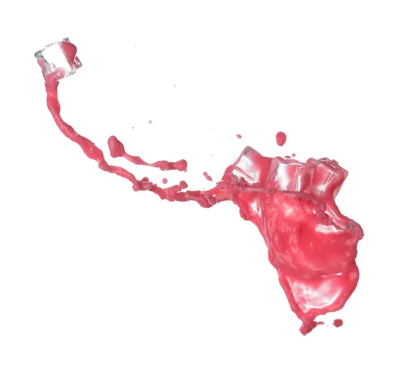番茄红莓汁倒入冰块 番茄红汁波落在空气中 红酒色的爆炸带着冰滴 白色背景隔离高速快门窗 冻结运动 — 图库照片