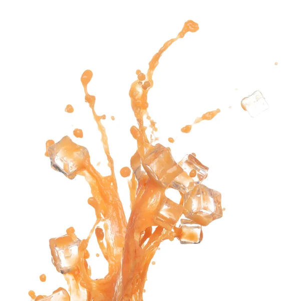 オレンジジュースアイスキューブ形のラインに注ぐクール オレンジジューシーな空気中の爆発なびかせ ガラスボウルに爆発液滴のような液体の水スプラッシュ流出 隔離された白い背景 — ストック写真