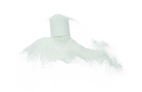 Recipiente Cosmético Garrafa Branca Voar Espirrando Areia Branca Tubo Areia — Fotografia de Stock