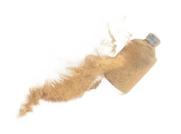 Kosmetikbehälter Weiße Flaschenfliege Spritzt Der Luft Feuchtigkeitscremeflasche Explodiert Mit Sandpuderstaub — Stockfoto