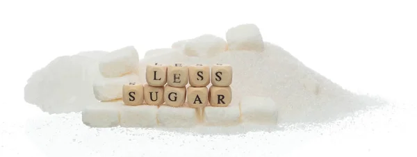 Λιγότερο Ζάχαρη Αλφάβητο Λέξη Χάντρα Στο Σωρό Της Ραφιναρισμένης Ζάχαρης — Φωτογραφία Αρχείου