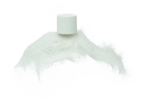 Cosmetische Container Witte Fles Vliegen Spatten Wit Zand Buis Transparant — Stockfoto
